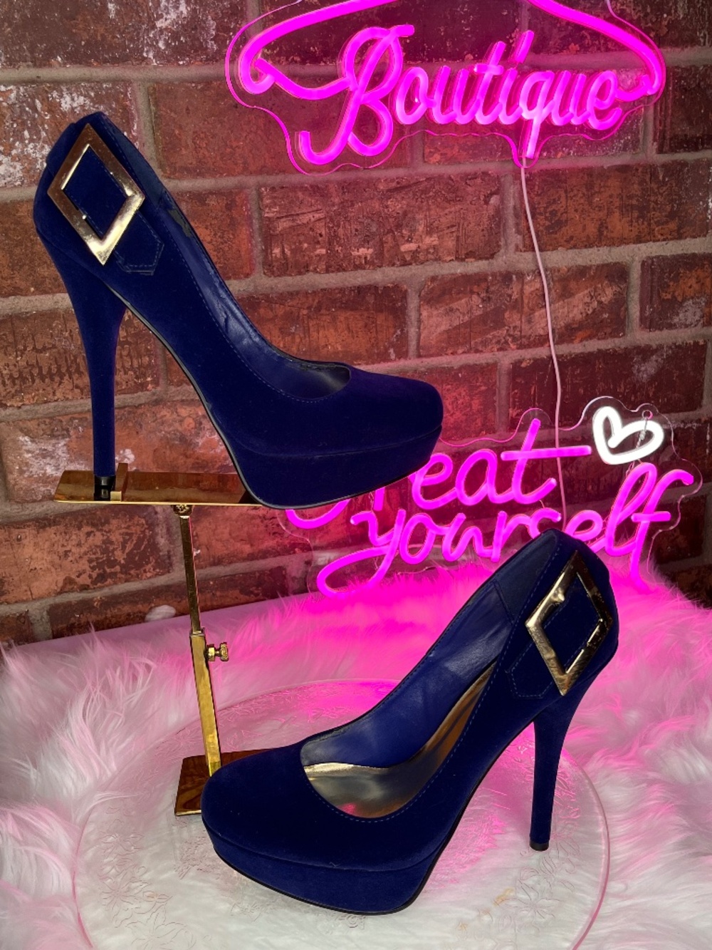 Blue Velvet Gold Accents Stiletto Pumps